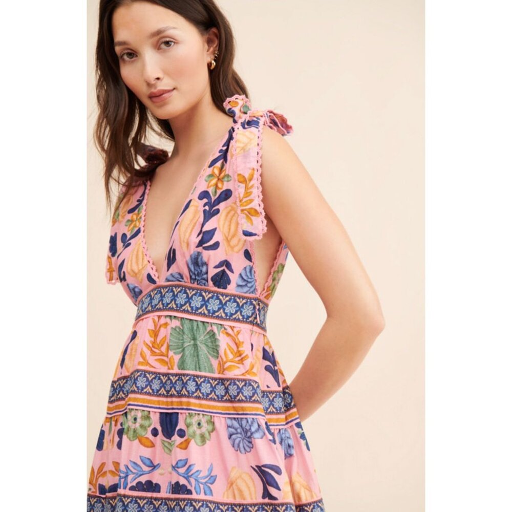 Farm Rio Pink Seashell Tapestry Tropical Tiered Lace Midi Dress Size Small - Picture 2 of 6